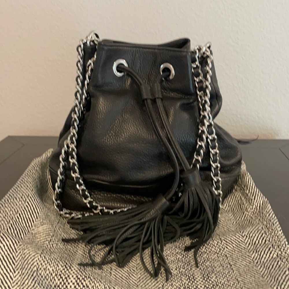 New Rebecca Minkoff black leather bucket bag with tassel closure